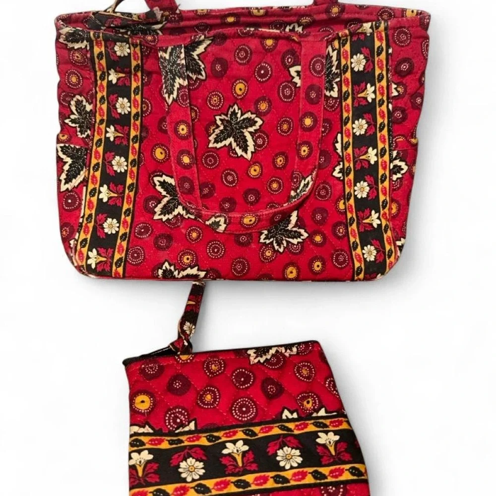 Vintage 90s Vera Bradley Red Quilted Floral Tote Zip Closure Wristlet Pockets